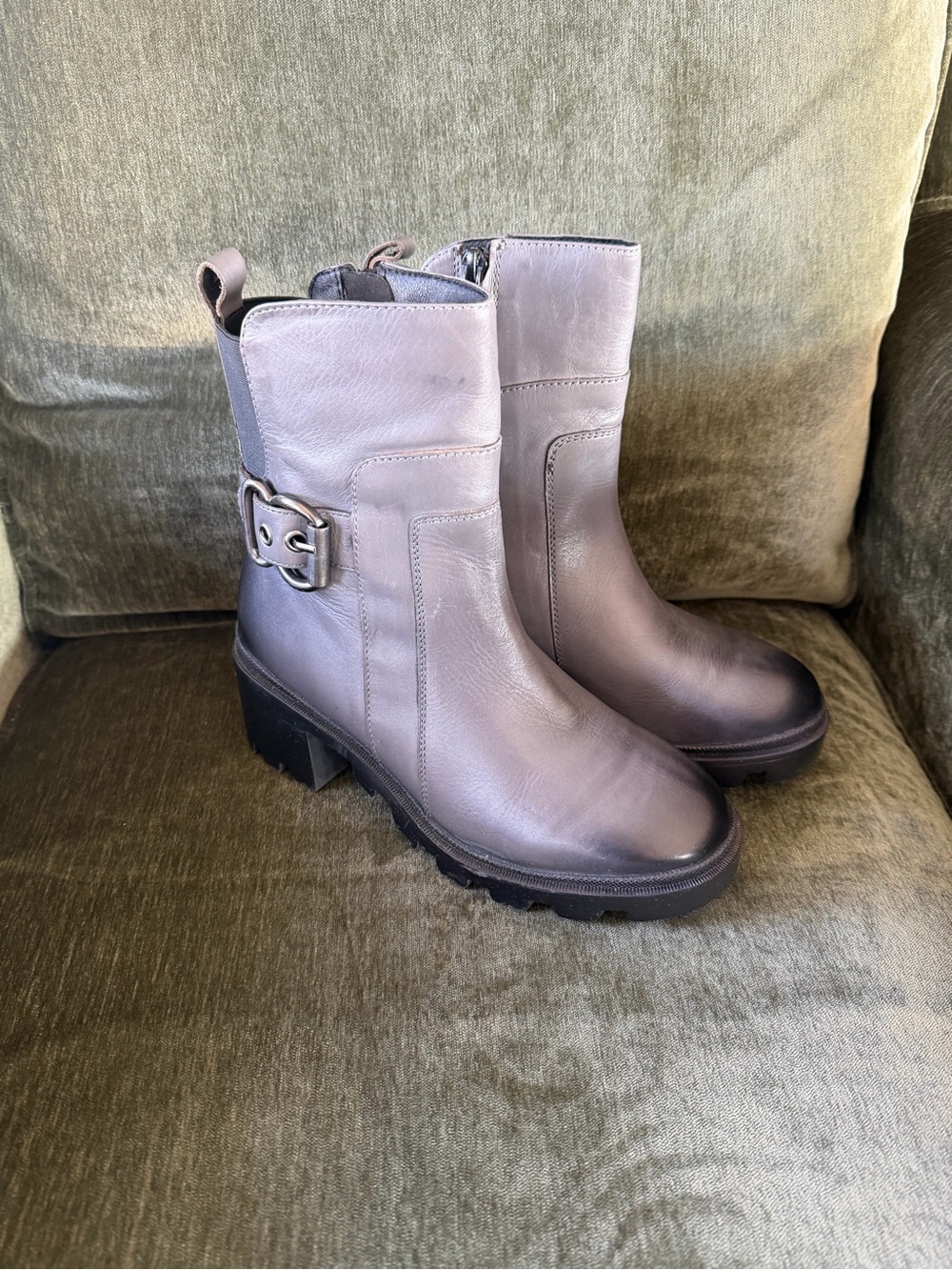 Chunky Heeled Mid-Calf Boots in Lavender Gray with Buckle Detail